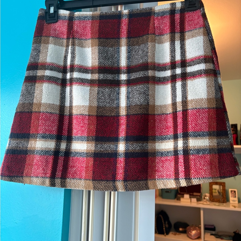 Plaid A-Line Mini Skirt in Red and Brown